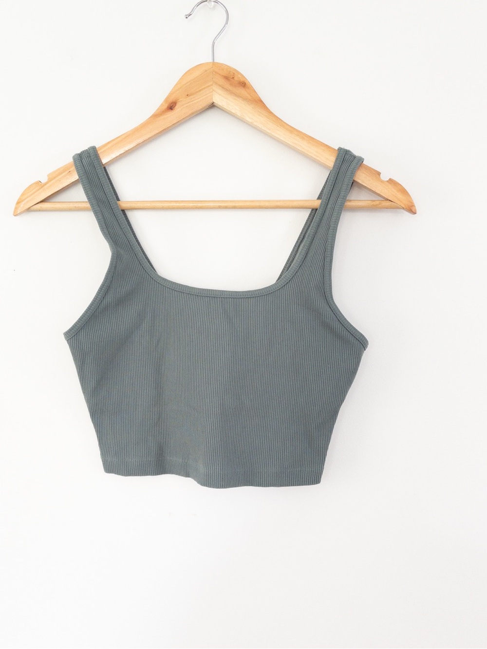 Aerie Offline Rib Knit Square Neck Crop Bra Tank Slate Green Medium